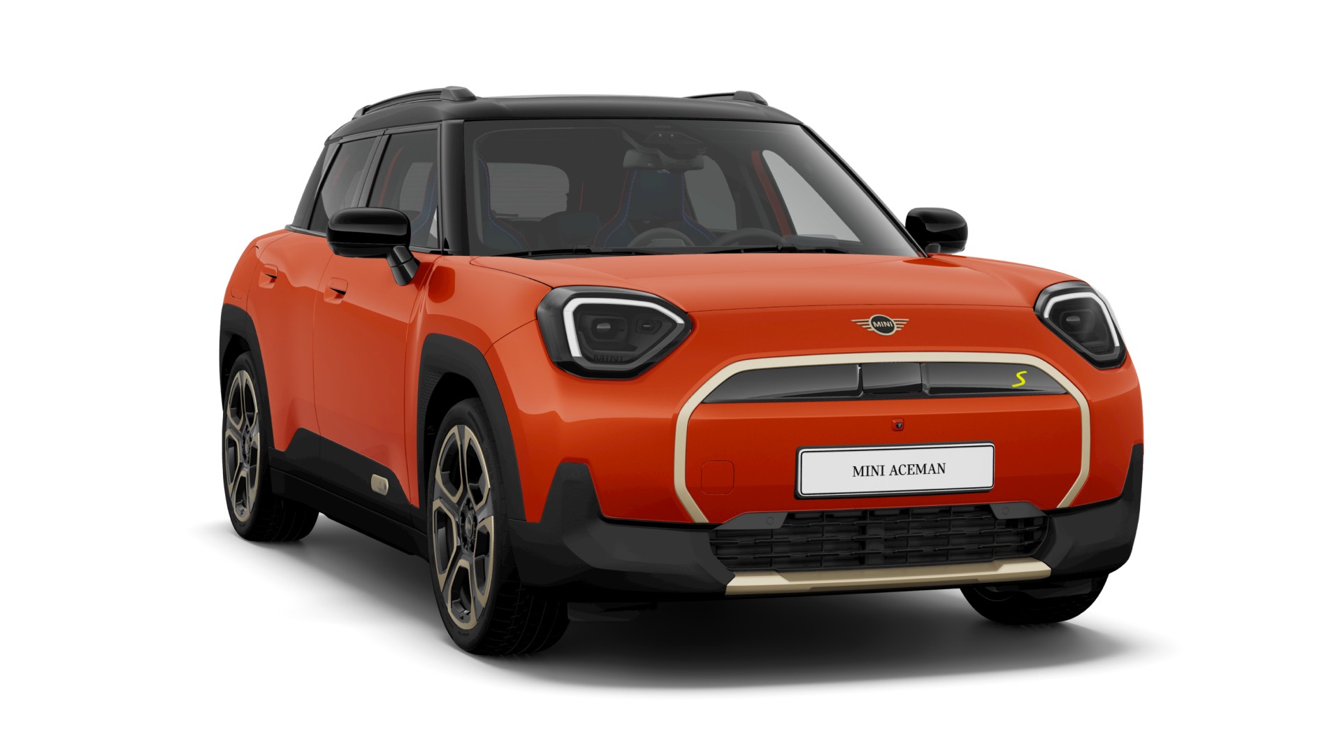 A joyful woman sits in the driver’s seat of a blue MINI, laughing with excitement.